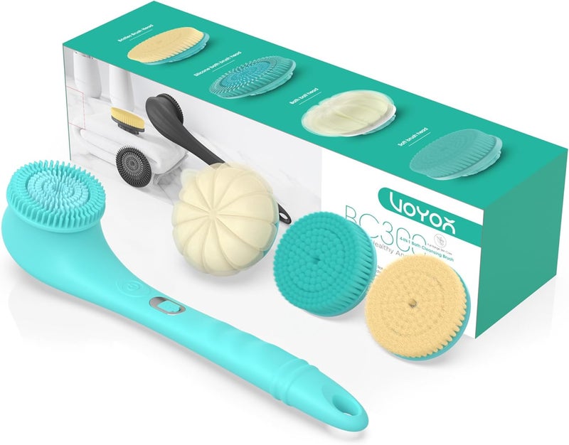 VOYOR Electric Body Scrubber TwoWay Rotating Brush Head 4 Accessories IPX6 Waterproof Rechargeable Cordless Long Handle Bath Brush BC300 Blue