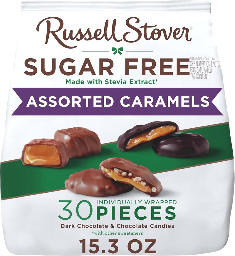 Russell Stover كاراميل روسل ستوفر خالي من السكر - كيس 15.3 أونصة مع شوكولاتة داكنة وحلويات شوكولاتة - Image 1