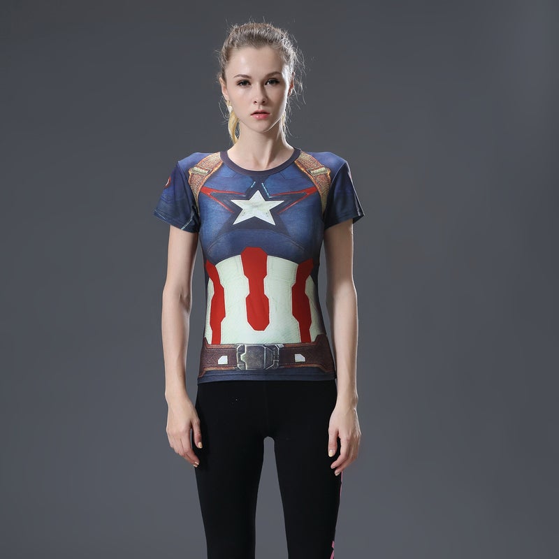Superman Tight Clothes Womens Captain America Sports Fitness Suit Yoga Training Stretch Tight Short Sleeve Womens T-Shirt A-18 