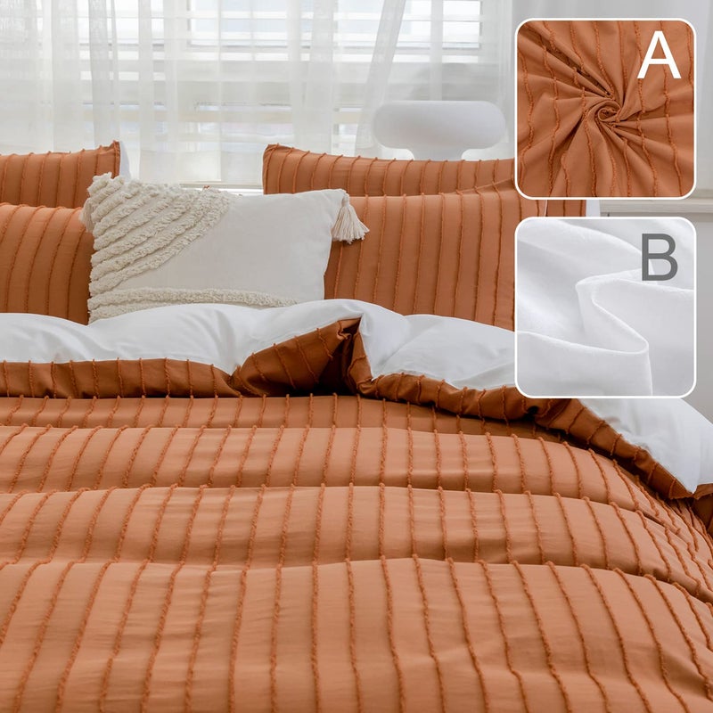 JELLYMONI Reversible Rust & White Duvet Cover King Size - 3PCS Microfiber Tufted Duvet Cover Set  Boho Striped Tufted Textured Duvet Cover with Corner Ties & Zipper Closure - Image 2