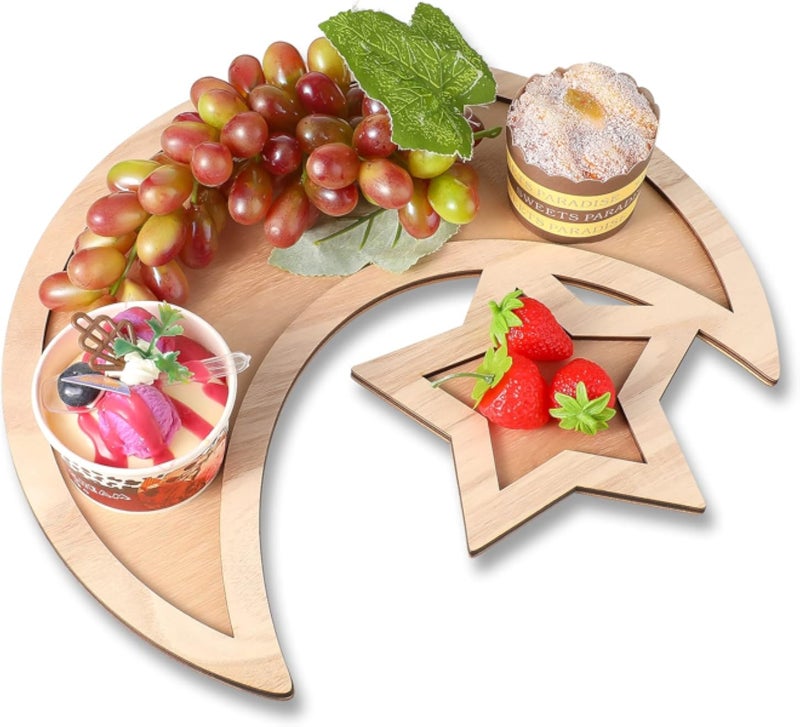 EID Tray Display Decoration Star Moon Wooden Dessert Tray Tableware EID Decorations Food Serving EID Tableware Eid Mubarak Ramadan Trays Platters for Home Party Food Dessert Holder Decor (1 Piece)