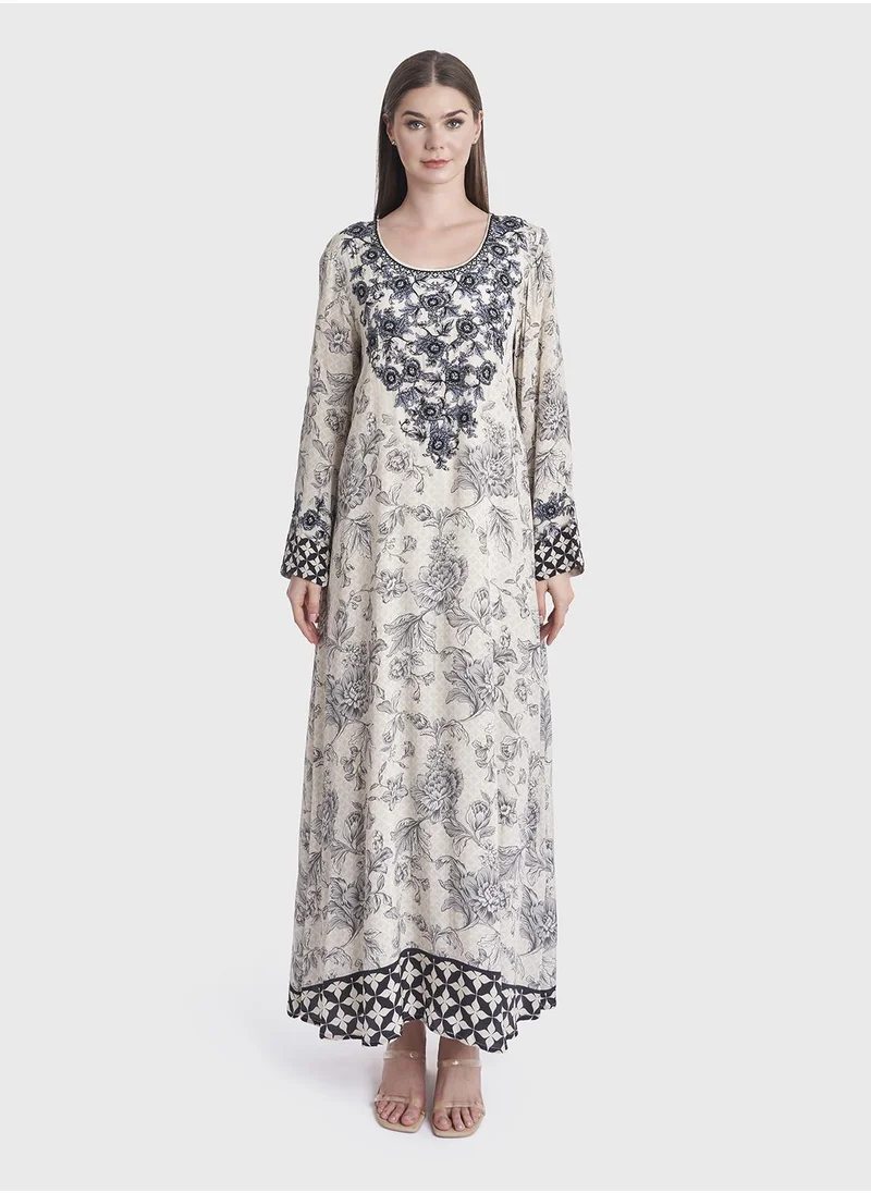 KASHKHA Floral Print Crepe Handwork Jalabiya