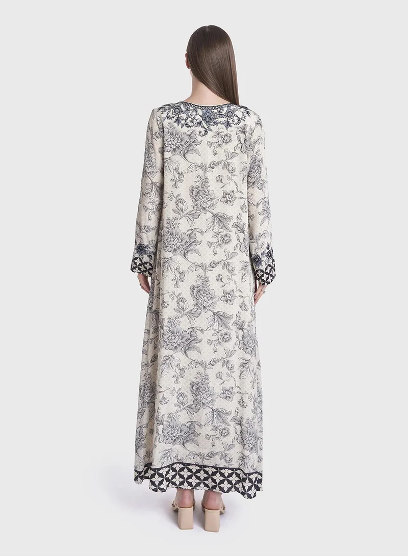KASHKHA Floral Print Crepe Handwork Jalabiya