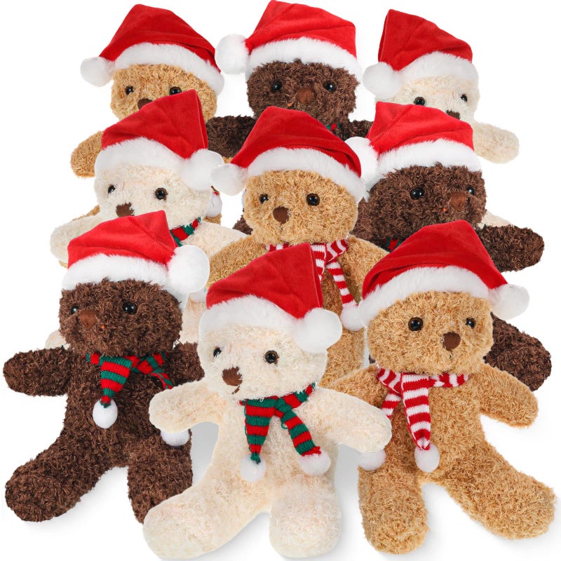 Zubebe 9 Pcs 9 Inch Christmas Bear Plush Bear Stuffed Animal Toys Santa with Santa Hat Scarf Xmas Cute Preschool Stuffed Animals Toys for Christmas Boy Girl Birthday Gifts 3 Colors Long Leg Style - Image 2