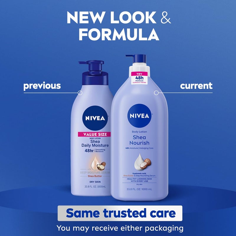 NIVEA Shea Nourish Body Lotion for Dry Skin with Hyaluronic Acid, Shea Butter and Deep Nourishing Serum, 48-Hour Body Moisturizer, 33.8 Fl Oz Pump Bottle - Image 2