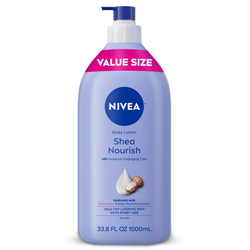 NIVEA Shea Nourish Body Lotion for Dry Skin with Hyaluronic Acid, Shea Butter and Deep Nourishing Serum, 48-Hour Body Moisturizer, 33.8 Fl Oz Pump Bottle - Image 1