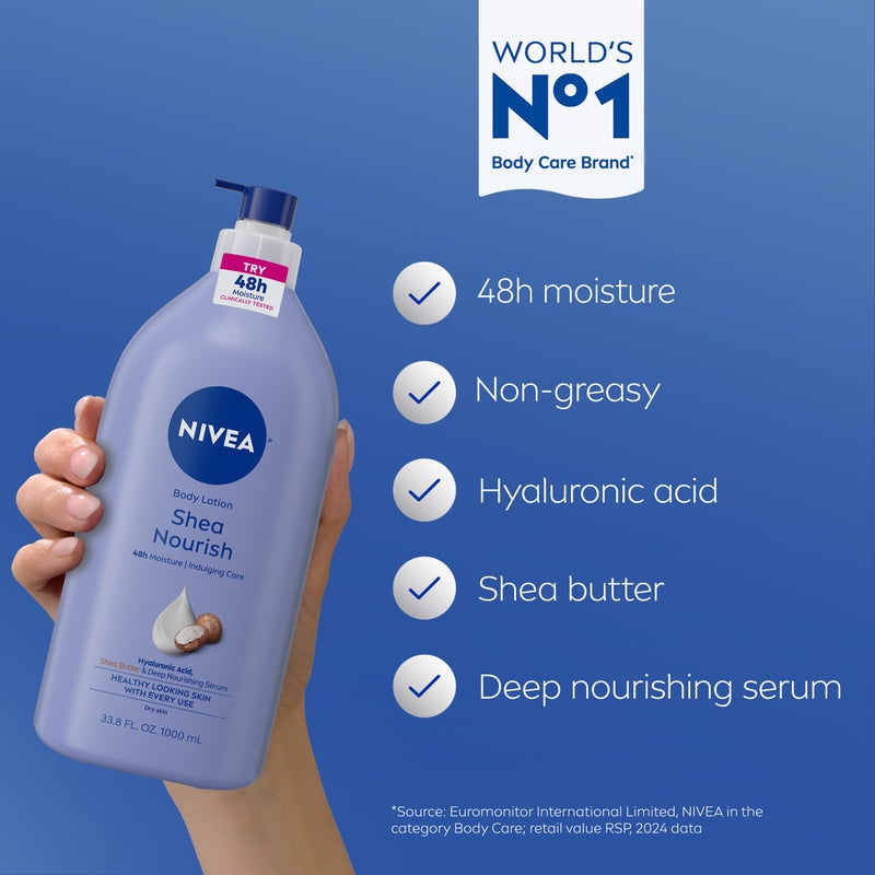 NIVEA Shea Nourish Body Lotion for Dry Skin with Hyaluronic Acid, Shea Butter and Deep Nourishing Serum, 48-Hour Body Moisturizer, 33.8 Fl Oz Pump Bottle - Image 3