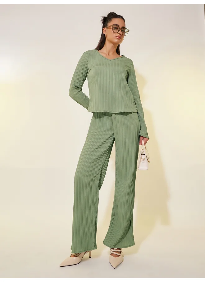 تايك تو Take Two Textured V Neck Long Sleeve Top and Pants Co-Ords