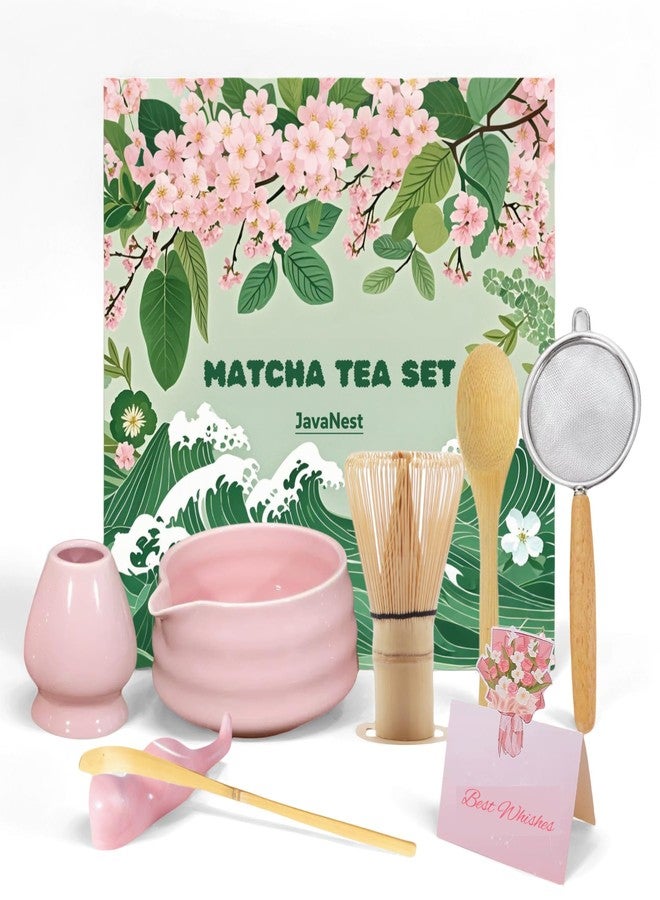 JavaNest 7-Piece Matcha Tea Set with Gift Card - 120-Prong Bamboo Whisk, Ceramic Bowl with Spout, Whisk Holder, Scoop, Spoon, Strainer & Scoop Holder - for Matcha Lovers (Pink) - Image 1