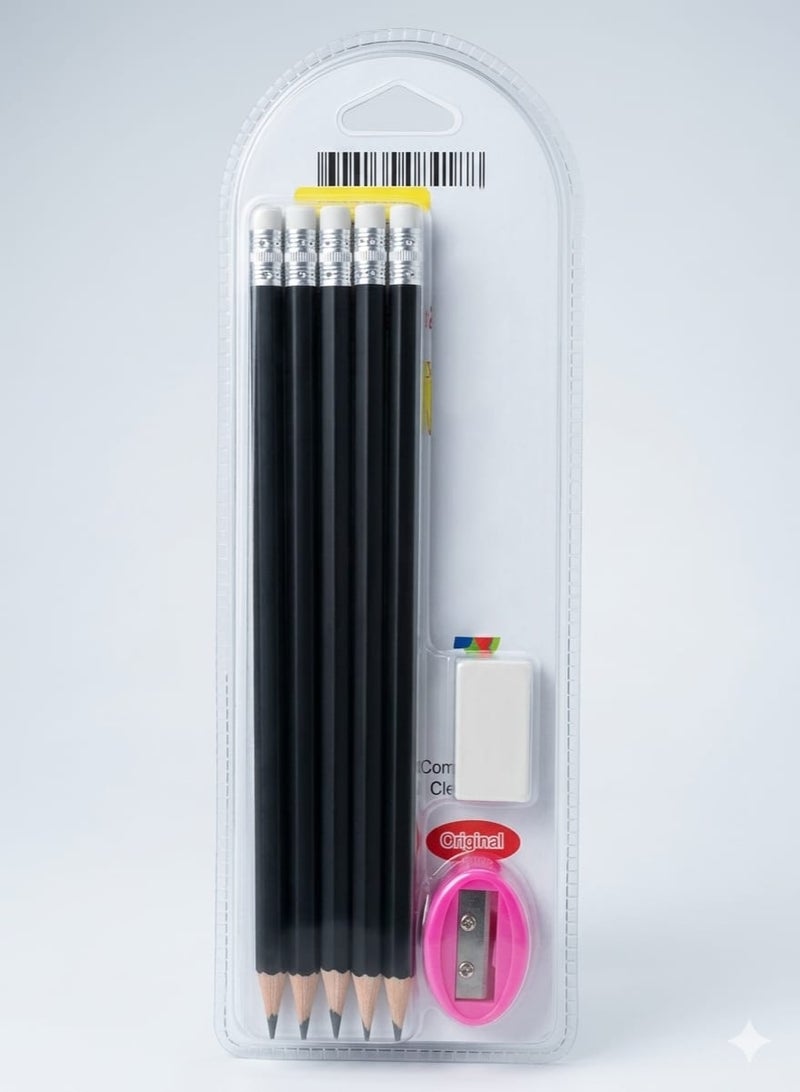 School supplies card: Pencils, pens with erasers, 10 pencils, eraser, and sharpener. Box contains 10 pencils.