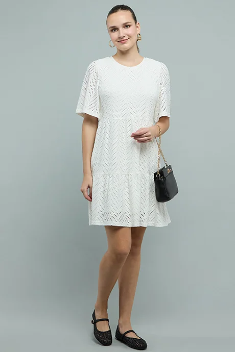 R&B Schiffli Tiered Dress with Crew Neck and Short Sleeves