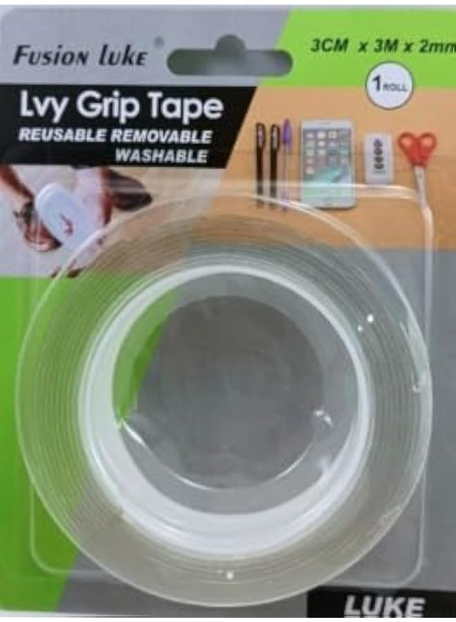 PROMASS Strong Adhesive Double Tape Lvy Grip Tape Reuseable, Washable, Removeable Glue, transparent Tape 3meters  - Image 1