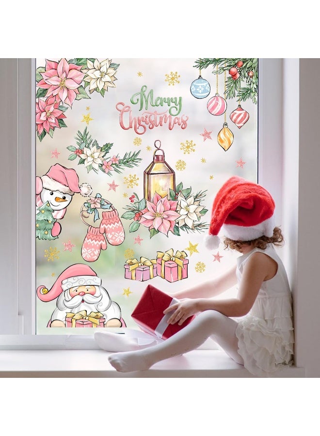 Home Trove Yovkky Merry Christmas Window Clings 9 Sheets, 2025 New Year Pink Santa Claus Xmas Snowman Poinsettia Flowers Stickers Decals Decor, Winter Snowflakes Holiday Party Home Kitchen Decorations  - Image 4