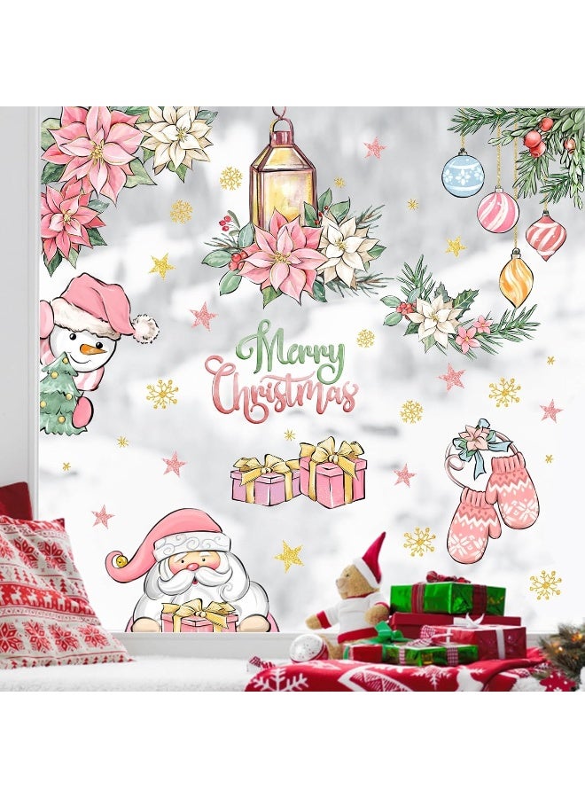 Home Trove Yovkky Merry Christmas Window Clings 9 Sheets, 2025 New Year Pink Santa Claus Xmas Snowman Poinsettia Flowers Stickers Decals Decor, Winter Snowflakes Holiday Party Home Kitchen Decorations  - Image 1