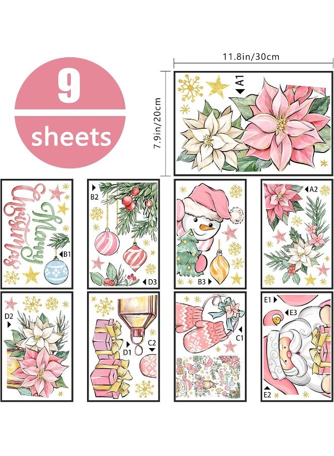 Home Trove Yovkky Merry Christmas Window Clings 9 Sheets, 2025 New Year Pink Santa Claus Xmas Snowman Poinsettia Flowers Stickers Decals Decor, Winter Snowflakes Holiday Party Home Kitchen Decorations  - Image 2