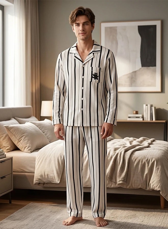 MARGOUN (XL حجم) طقم بيجاما مخطط للرجال - قميص بأكمام طويلة مع أزرار وسروال طويل للنوم - ملابس مريحة بملمس حرير ناعم مع تصميم قطة لطيف - طقم نوم مكون من قطعتين - أبيض - Image 5
