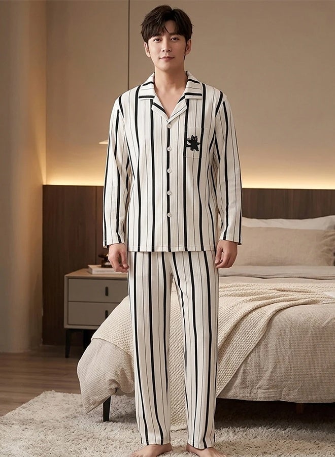 MARGOUN (XL حجم) طقم بيجاما مخطط للرجال - قميص بأكمام طويلة مع أزرار وسروال طويل للنوم - ملابس مريحة بملمس حرير ناعم مع تصميم قطة لطيف - طقم نوم مكون من قطعتين - أبيض - Image 4