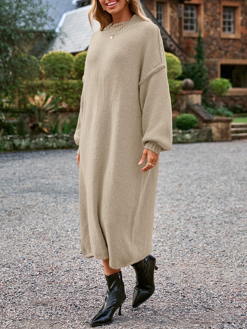 Saodimallsu Womens Oversized Sweater Dress Mock Neck Long Sleeve Casual Warm Chunky Knit Fall Winter Maxi Dresses Khaki - Image 4