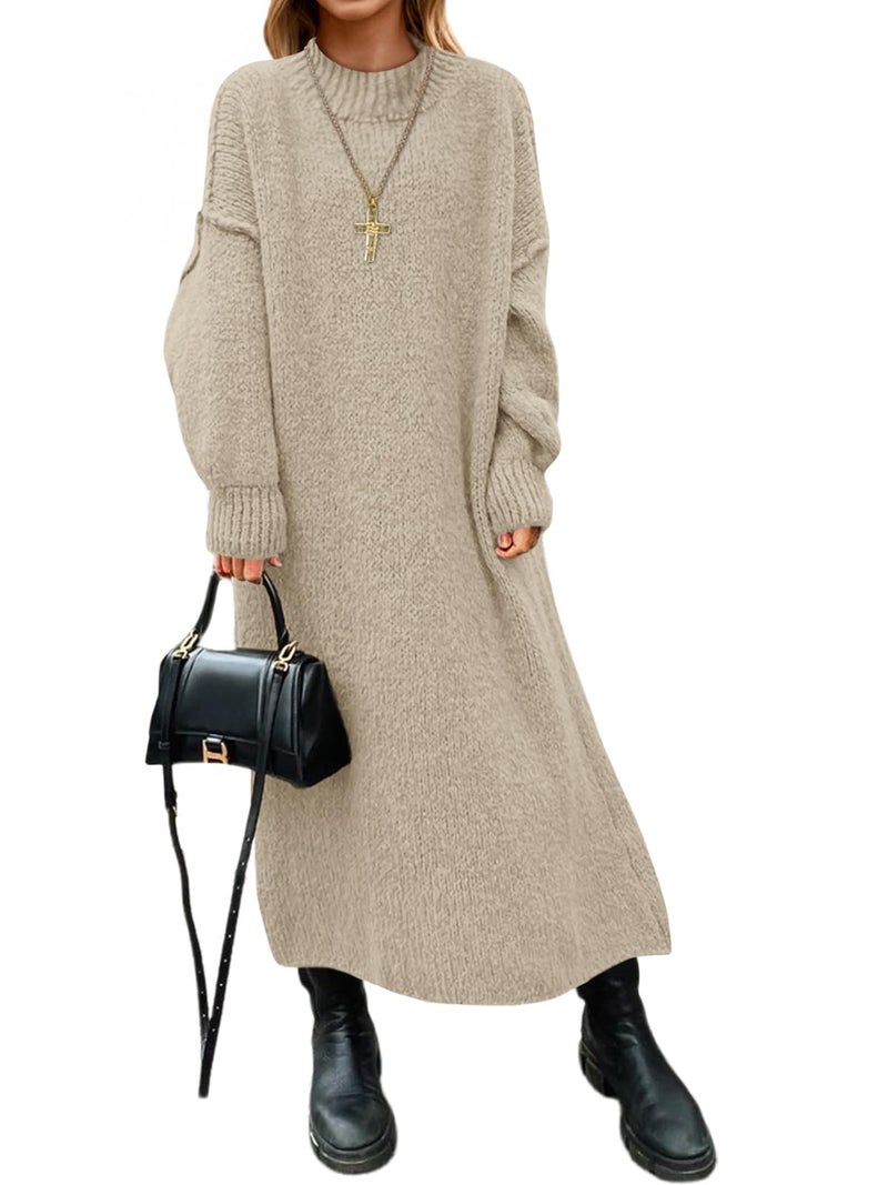Saodimallsu Womens Oversized Sweater Dress Mock Neck Long Sleeve Casual Warm Chunky Knit Fall Winter Maxi Dresses Khaki - Image 1