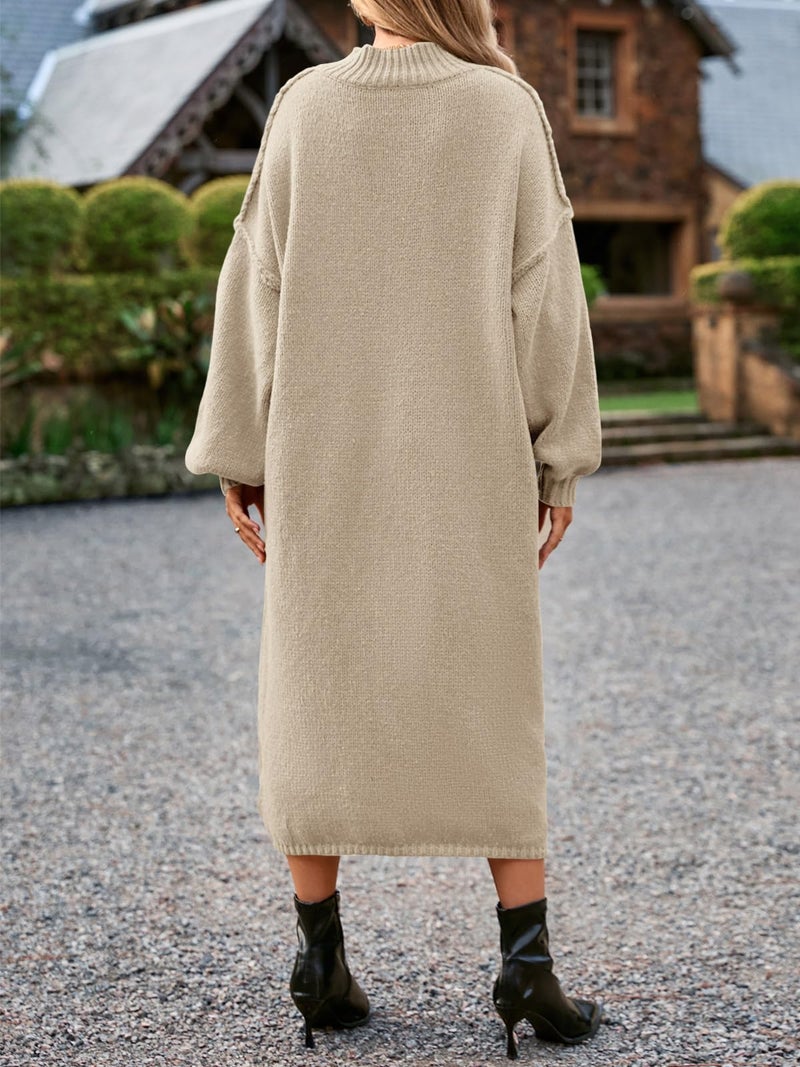 Saodimallsu Womens Oversized Sweater Dress Mock Neck Long Sleeve Casual Warm Chunky Knit Fall Winter Maxi Dresses Khaki - Image 5