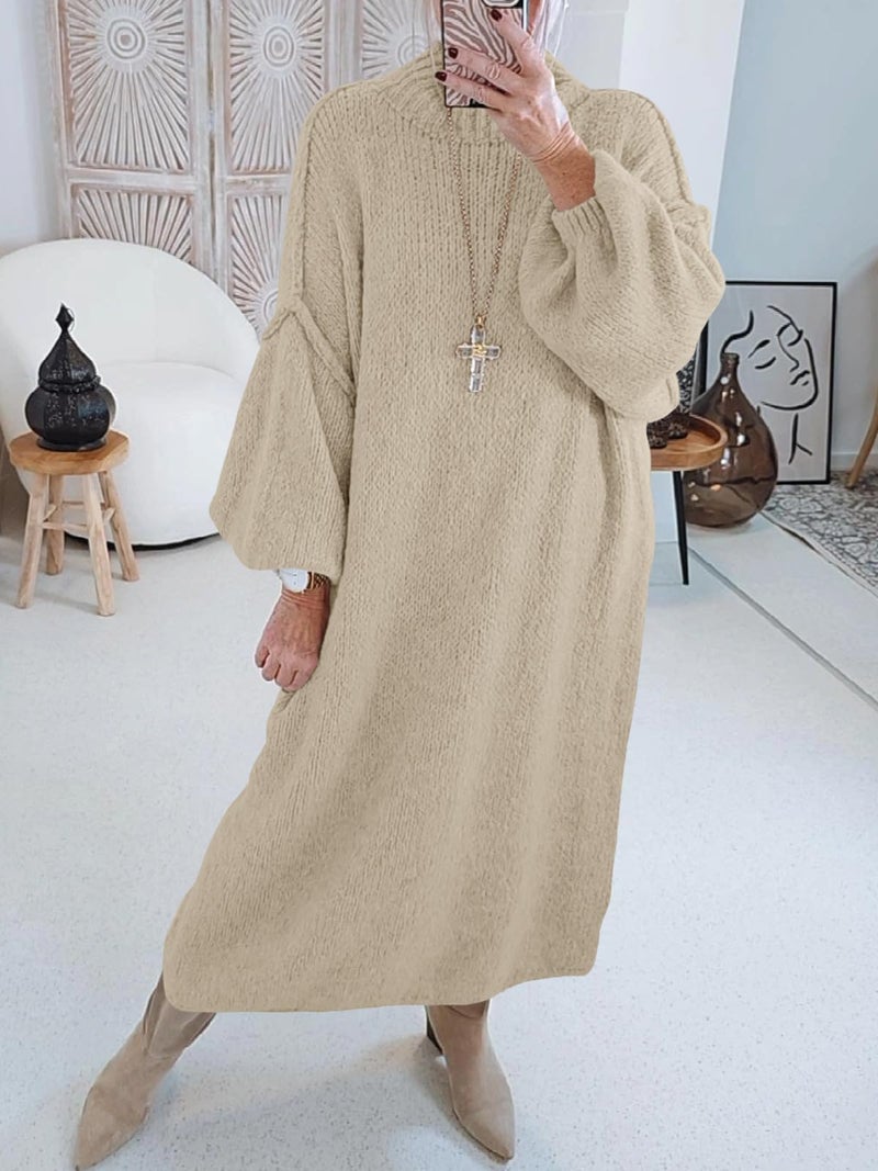 Saodimallsu Womens Oversized Sweater Dress Mock Neck Long Sleeve Casual Warm Chunky Knit Fall Winter Maxi Dresses Khaki - Image 2