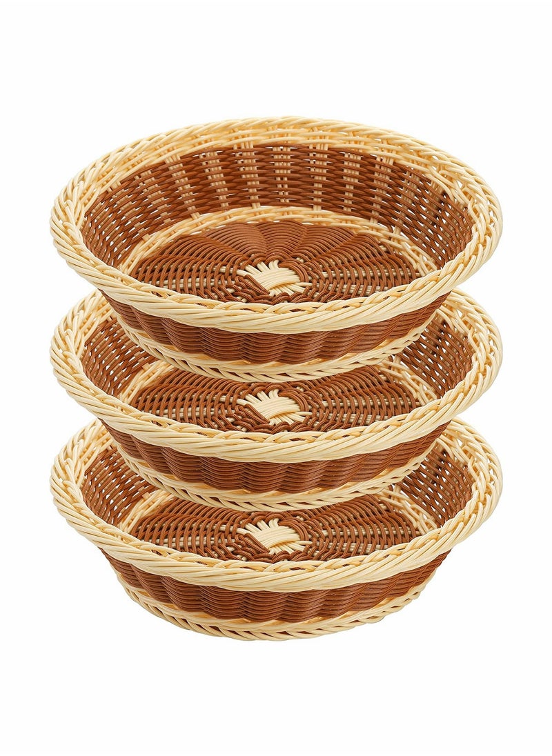 SYOSI - 3 Pack Woven Breads Baskets, SYOSI 11.5 Inch Poly-Wicker Round Fruit Baskets Stackable Food Serving Holder Imitation Rattan Basket for Kitchen, Restaurant, Outdoor, (Brown, Beige) - Image 1