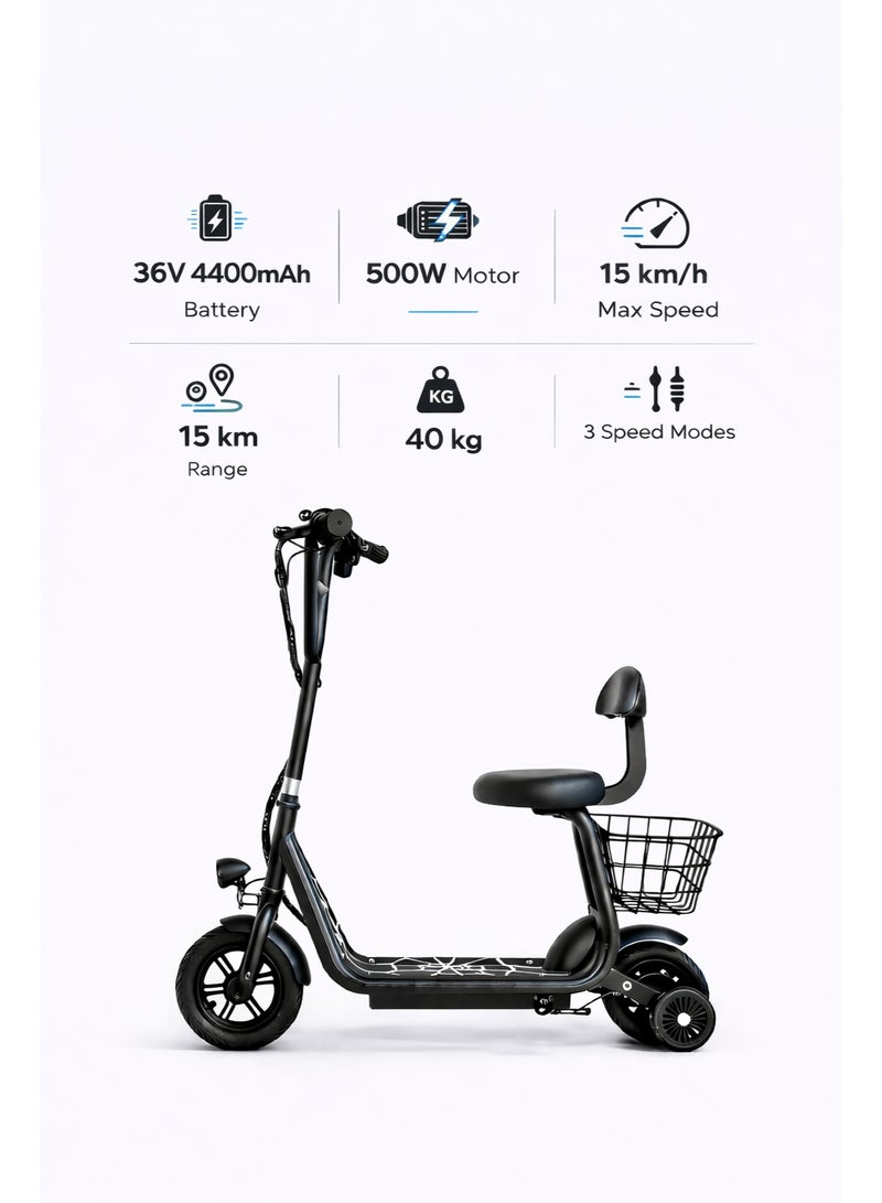 Electric Scooter for Kids with 500W Motor | 36V 4400mAh Battery | Up to 15km Range | 15km/h Top Speed | 3 Speed Modes | LED Lights | Bluetooth | Seat with Backrest & Support Wheels - Image 1
