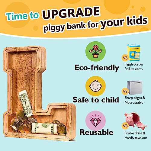 SummiDate Wooden Letter Piggy Bank| Piggy Bank for Boys Girls Toddler| Alphabet L Money Bank| Coin Bank Birthday Gift for Kids|Birthday Easter Gifts for Kids (L) - Image 5