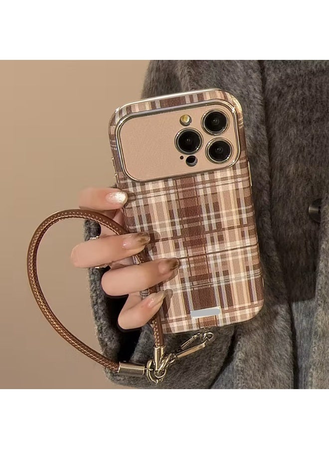 Temu Retro-style brown checkered phone case with a strap for easy carrying. Durable, shock-resistant material. Full camera coverage. Compatible with iPhone 16 Pro. - Image 1