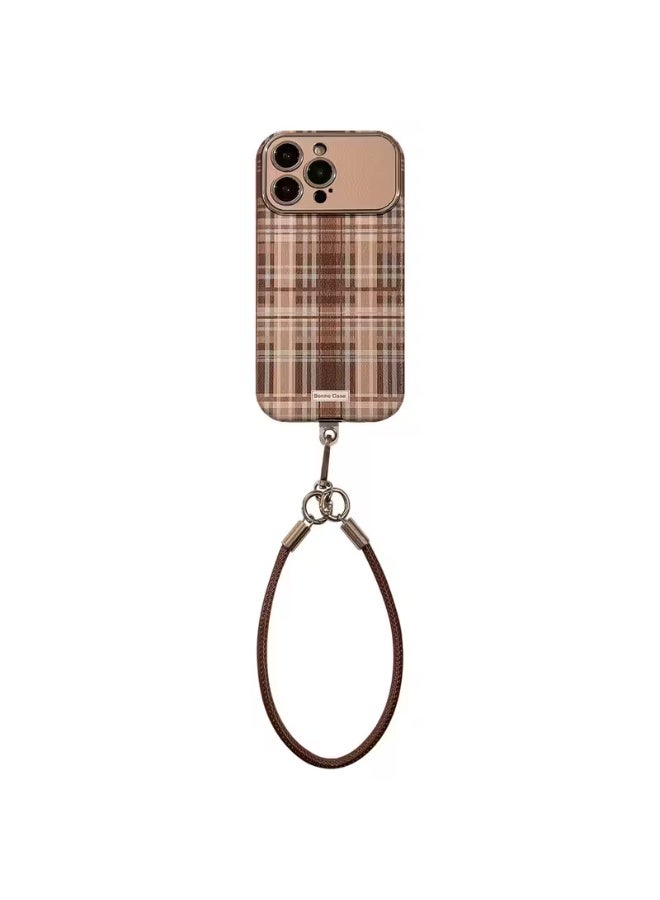Temu Retro-style brown checkered phone case with a strap for easy carrying. Durable, shock-resistant material. Full camera coverage. Compatible with iPhone 16 Pro. - Image 2