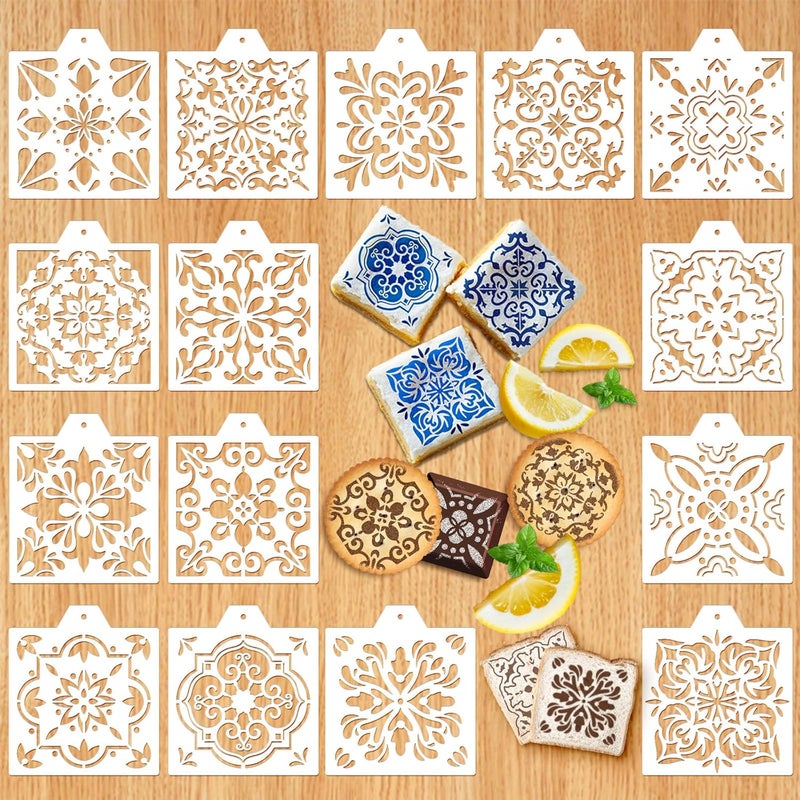 Whaline 15 Pcs Floral Tile Cookie Stencils Chinoiserie Tiles Airbrush Painting Stencils with Bead Chain Decor Biscuit Coffee Cake Baking Reusable Templates for DIY Crafts Birthday Party - Image 1