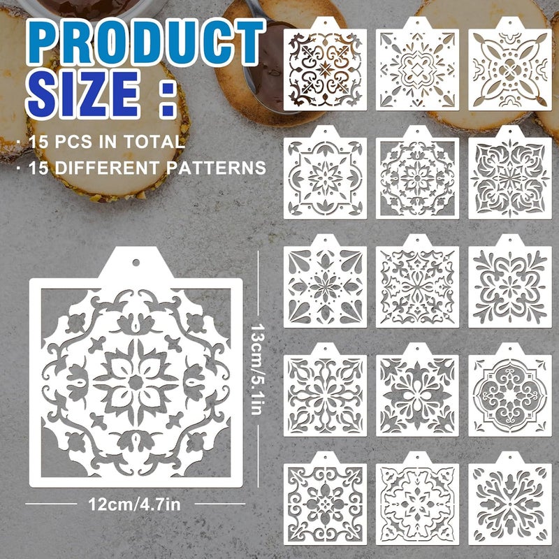 Whaline 15 Pcs Floral Tile Cookie Stencils Chinoiserie Tiles Airbrush Painting Stencils with Bead Chain Decor Biscuit Coffee Cake Baking Reusable Templates for DIY Crafts Birthday Party - Image 2
