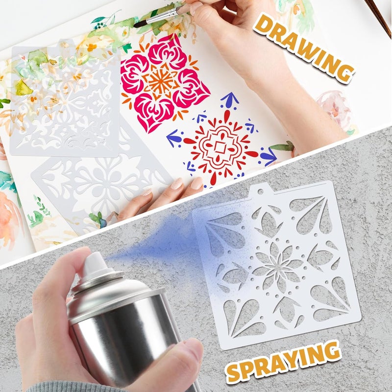 Whaline 15 Pcs Floral Tile Cookie Stencils Chinoiserie Tiles Airbrush Painting Stencils with Bead Chain Decor Biscuit Coffee Cake Baking Reusable Templates for DIY Crafts Birthday Party - Image 5