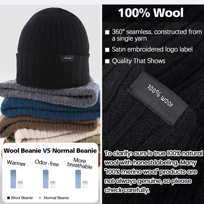 Ababalaya 100% Wool Beanie for Men Women Windproof Double Layer Super Cozy Knitted Cuffed Beanies Unisex Warm Winter Hat with Ear Protection & Face-Slimming Fit, Black - Image 2