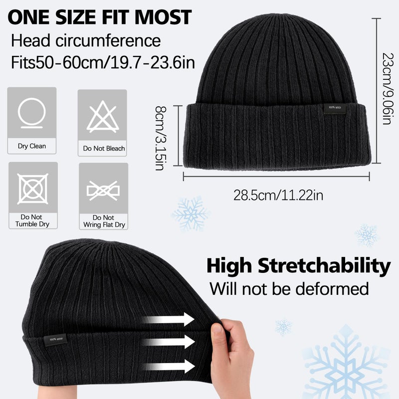 Ababalaya 100% Wool Beanie for Men Women Windproof Double Layer Super Cozy Knitted Cuffed Beanies Unisex Warm Winter Hat with Ear Protection & Face-Slimming Fit, Black - Image 3