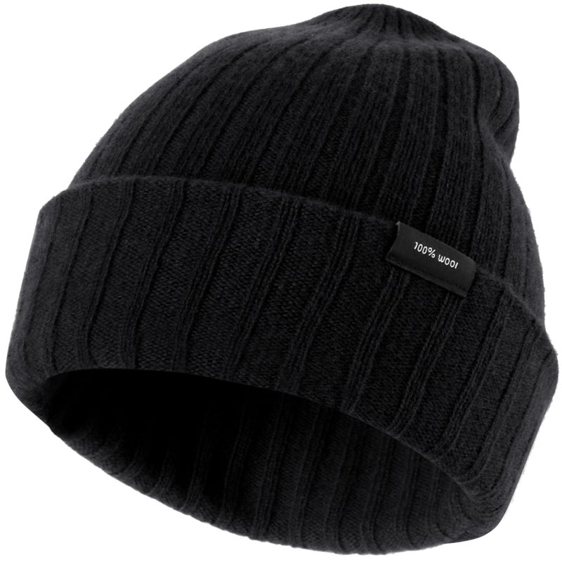 Ababalaya 100% Wool Beanie for Men Women Windproof Double Layer Super Cozy Knitted Cuffed Beanies Unisex Warm Winter Hat with Ear Protection & Face-Slimming Fit, Black - Image 1
