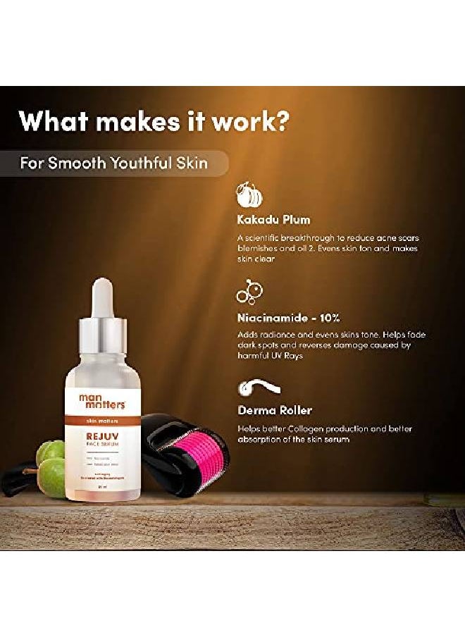 Man Matters - REJUV 10% Niacinamide Face Serum 30ml and Derma Roller for Men | 10% Niacinamide & 2% Kakadu Plum (Purest form of Vitamin C) | Reduce Acne Acne Scars and Dark Spot - Image 1