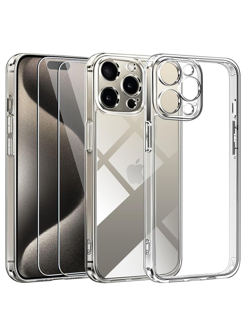ELTRAZONE Clear Case Compatible with iPhone 15 Pro Max 6.7" [Long Lasting Clarity] [Military Grade Drop Protection], 1 Phone Case + 2 Tempered Glass Screen Protector, Shockproof Hard Slim Cover - Clear - Image 1