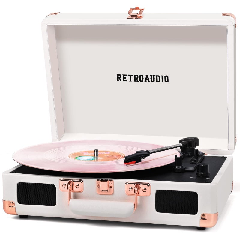 RetroAudio Vinyl Record Player with Built-in Speakers 3-Speed Vintage Record Player Bluetooth Portable Suitcase Turntable Belt-Driven LP Player Support RCA Output and Headphone Output (White Rose Gold) - Image 1
