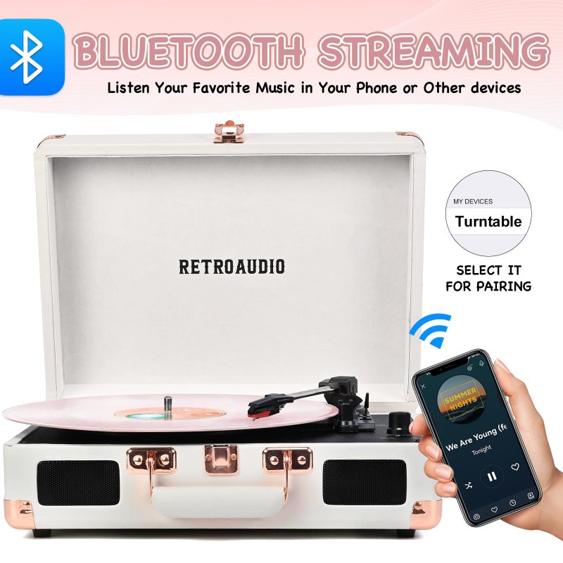 RetroAudio Vinyl Record Player with Built-in Speakers 3-Speed Vintage Record Player Bluetooth Portable Suitcase Turntable Belt-Driven LP Player Support RCA Output and Headphone Output (White Rose Gold) - Image 2