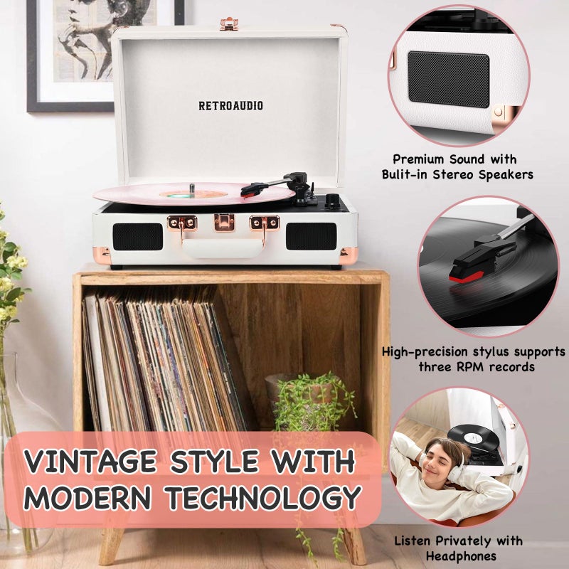 RetroAudio Vinyl Record Player with Built-in Speakers 3-Speed Vintage Record Player Bluetooth Portable Suitcase Turntable Belt-Driven LP Player Support RCA Output and Headphone Output (White Rose Gold) - Image 5