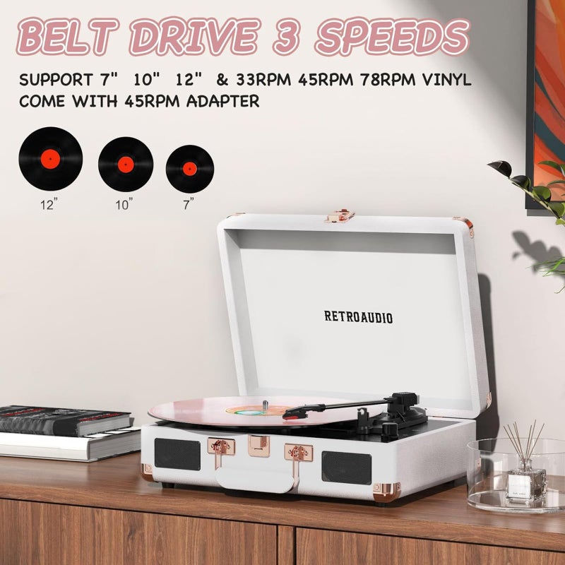 RetroAudio Vinyl Record Player with Built-in Speakers 3-Speed Vintage Record Player Bluetooth Portable Suitcase Turntable Belt-Driven LP Player Support RCA Output and Headphone Output (White Rose Gold) - Image 4