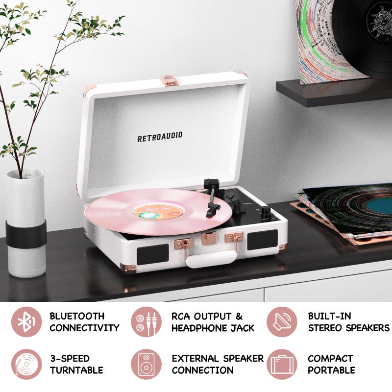 RetroAudio Vinyl Record Player with Built-in Speakers 3-Speed Vintage Record Player Bluetooth Portable Suitcase Turntable Belt-Driven LP Player Support RCA Output and Headphone Output (White Rose Gold) - Image 3
