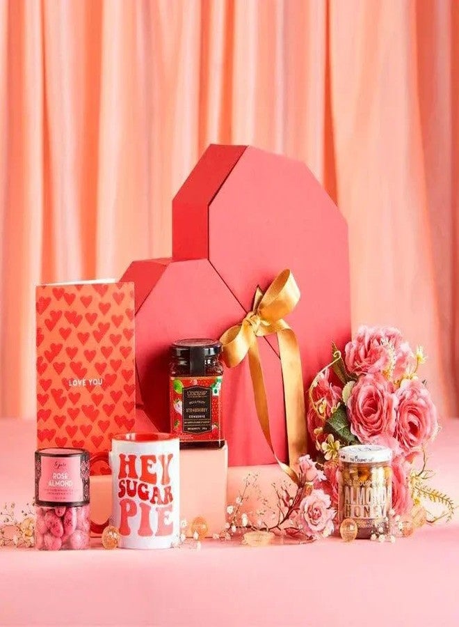 THE GIFT STUDIO.COM Gift Box, Anniversary hampers, Heart shaped Gift hamper,â€œ Cookies, Rose Almond Dragees, Strawberry Preserve & Love Mug in Heart Box | Premium Gift Box for Special Occasions |Stylish Gift Hamper for your Loved One - Image 1