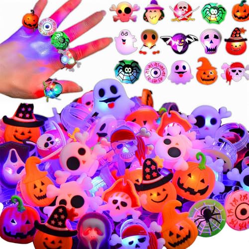 Qvatoxis Halloween Party Favors Light Up Rings 50PCS LED Rings Glowing Finger Rings Fun Toys for Kids Adults - Image 1