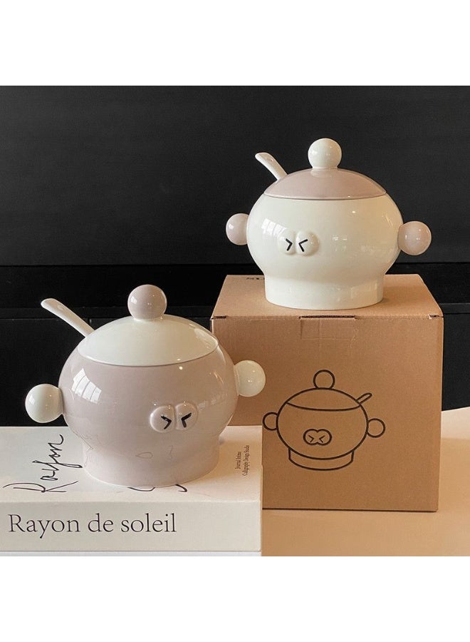 Porcelain soup bowl with porcelain lid + porcelain spoon - white color - Image 1