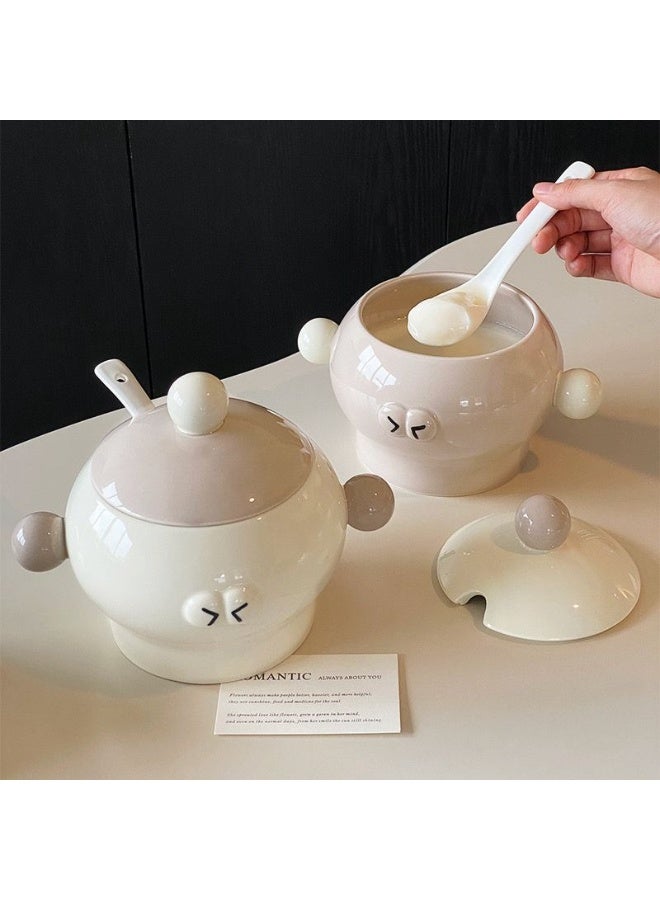 Porcelain soup bowl with porcelain lid + porcelain spoon - white color - Image 2
