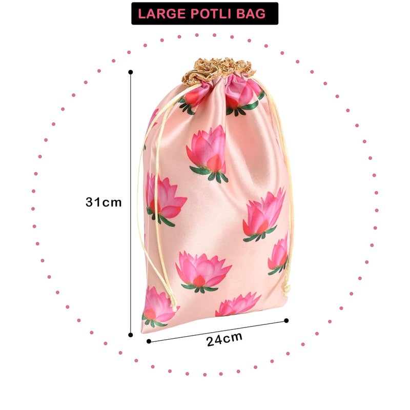 Kuber Industries Kuber Industries Pack of 4 Potli Bags 9x12 Inch Potli Bags for Return Gifts WeddingParty Bags Drawstring Closure Potli Wallet Potli Baby Shower Potli Lotus Print Cream  - Image 3