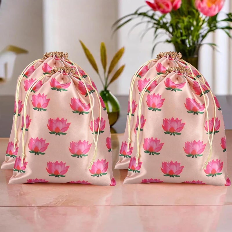Kuber Industries Kuber Industries Pack of 4 Potli Bags 9x12 Inch Potli Bags for Return Gifts WeddingParty Bags Drawstring Closure Potli Wallet Potli Baby Shower Potli Lotus Print Cream  - Image 1