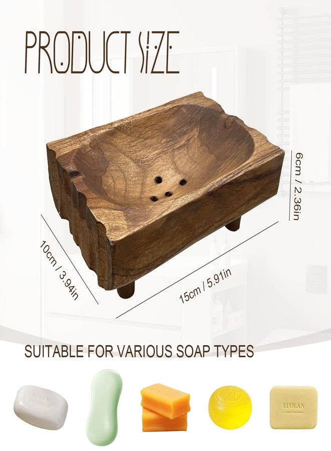 FALESHOS Natural Teak Wood Soap Holder, Automatic Draining Soap Tray with Drain Holes, Handmade Rustic Soap Dish & Countertop Soap Saver Stand for Bathroom and Kitchen - Image 2